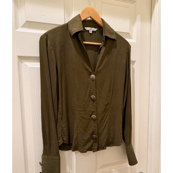 Vintage Western Olive Green Button-Up Shirt W/ Engraved Metal Buttons & Turquois - Picture 2 of 11